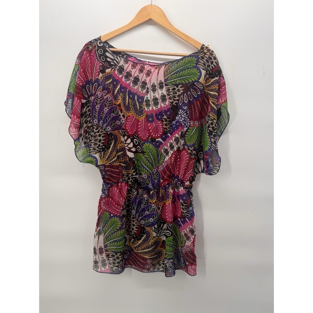 Xhilaration Peacock Print Tunic Women M Multicolor Sheer Swimsuit Cover Bohochic